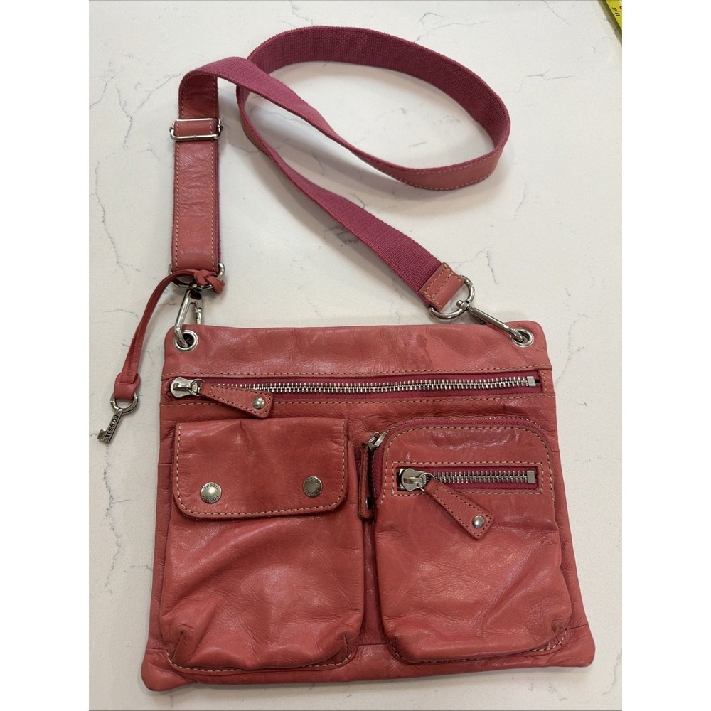 FOSSIL Sutton Crossbody Sample Pink Leather Messenger Purse Pockets Zip Vtg